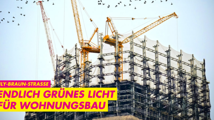 Auf dem Bild sieht man mehrere Kräne, die ein Haus bauen.